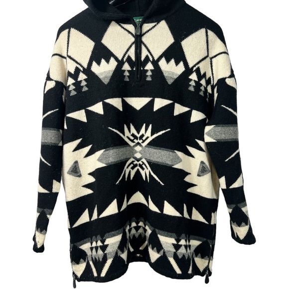 Vintage Ralph Lauren Sweater Lambswool Southwestern Hooded Black Size Medium - Picture 4 of 12